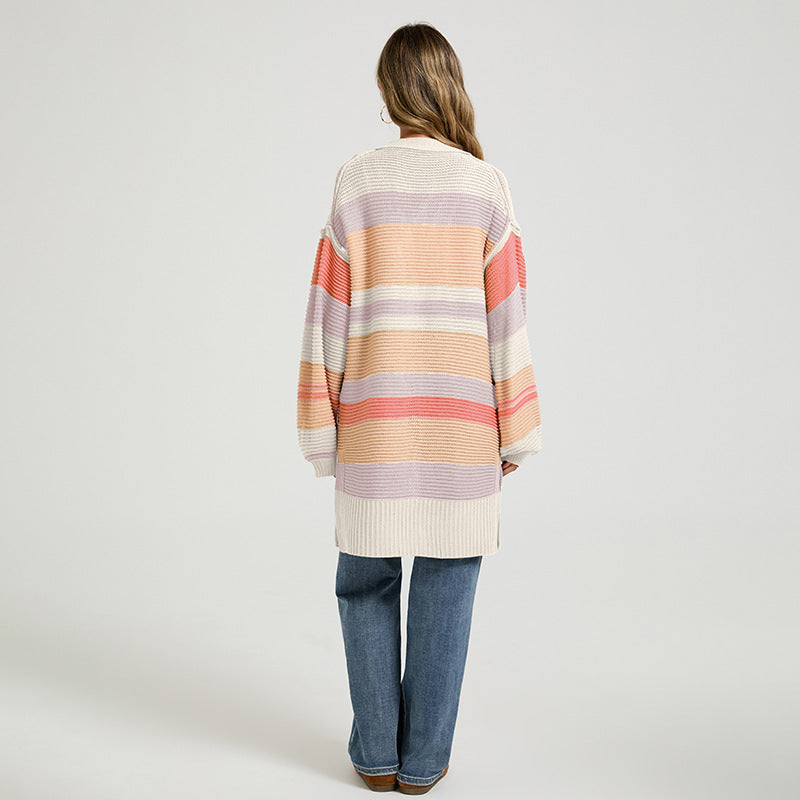 Women's Color-Block Striped Knit Cardigan Coat