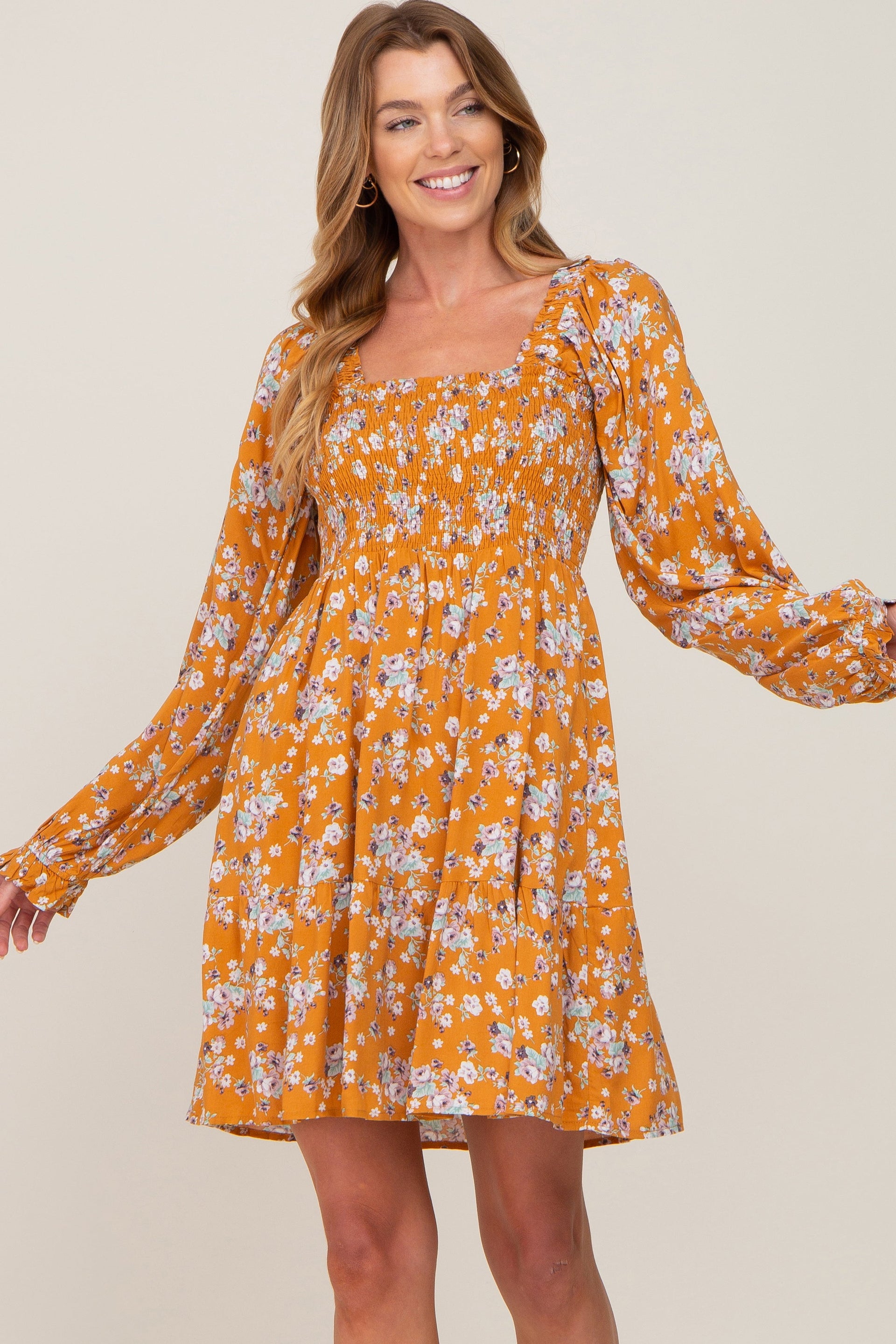 Yellow Floral Smocked Long Sleeve Tiered Mini Dress - Image 2