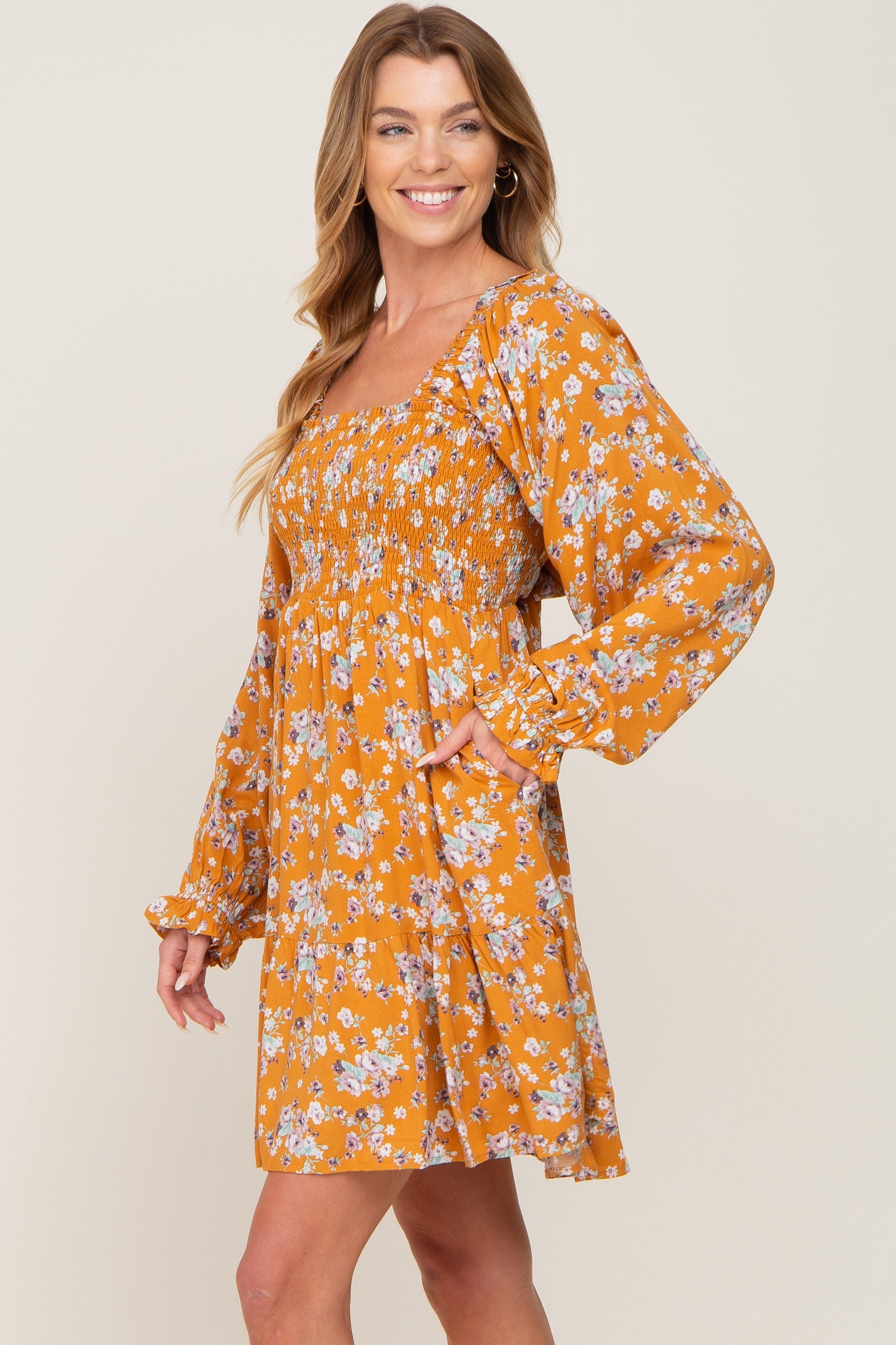 Yellow Floral Smocked Long Sleeve Tiered Mini Dress - Image 3