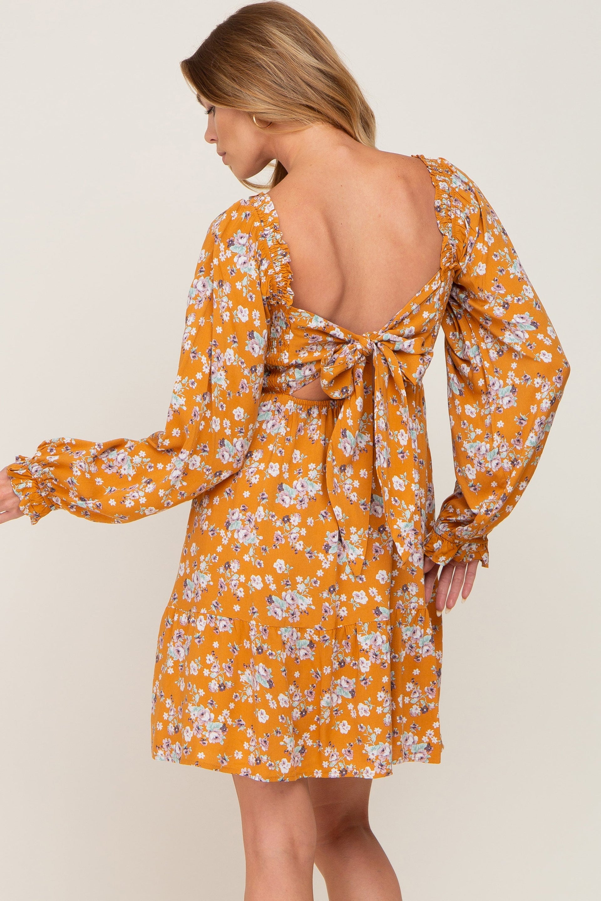 Yellow Floral Smocked Long Sleeve Tiered Mini Dress - Image 4