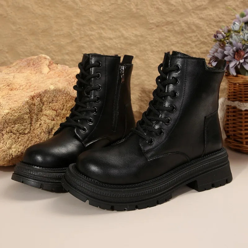 Women's Cream Thick-Soled Combat Ankle Boots - Lace-Up - Image 3