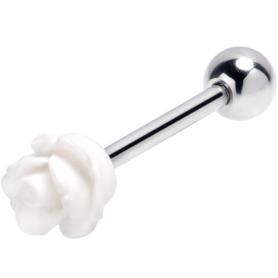 A close up view of a tongue ring with a white rose flower charm on one end and a silver-tone metal ball on the other.