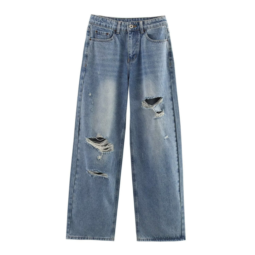 Deep Blue Harajuku-inspired ripped loose mid-rise jeans for women on a white background, showing distressed details on the legs and a classic button and zipper fly closure.