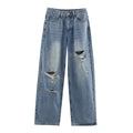 Deep Blue Harajuku-inspired ripped loose mid-rise jeans for women on a white background, showing distressed details on the legs and a classic button and zipper fly closure.