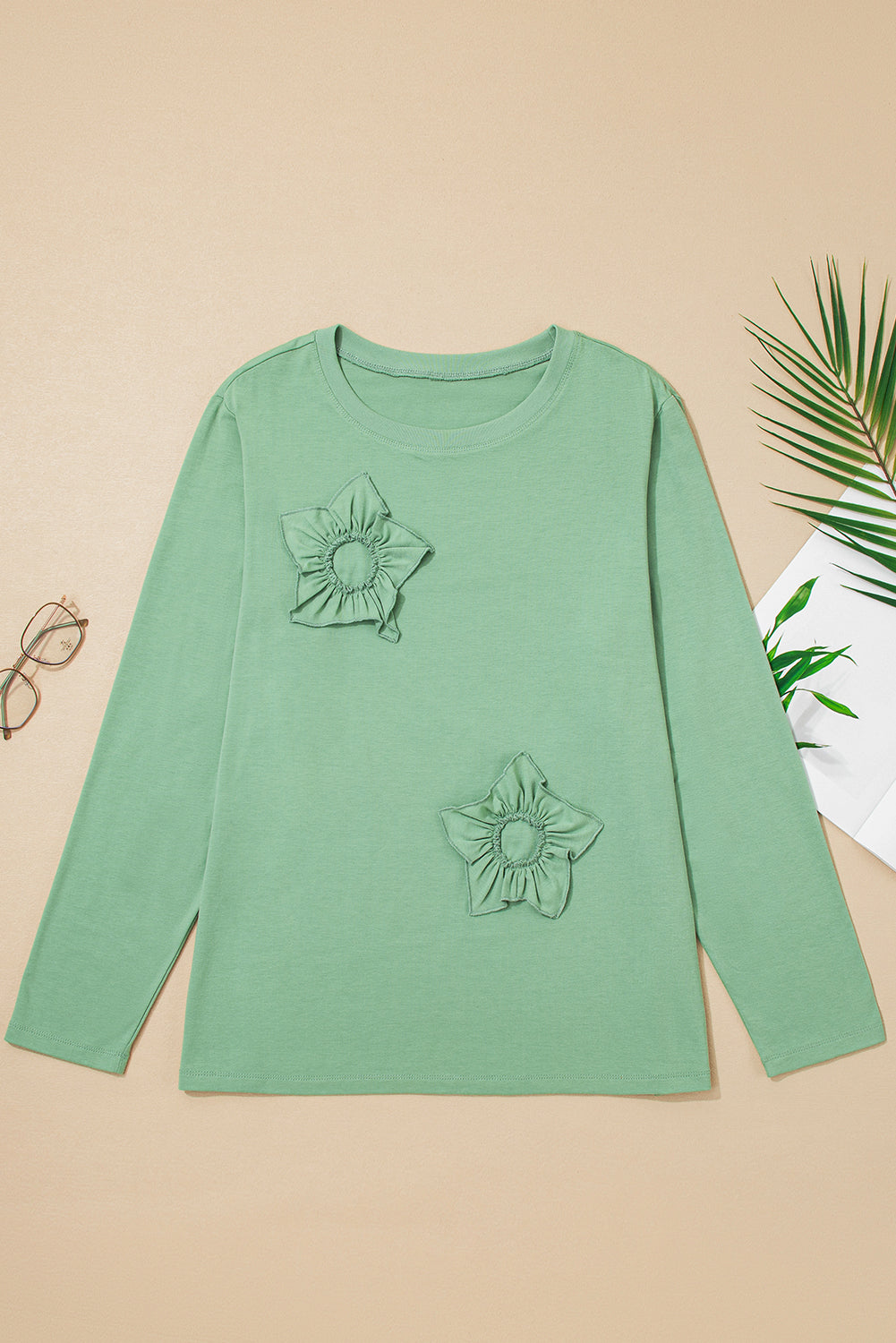 Plus Size Floral Applique Mineral Wash Long Sleeve Top