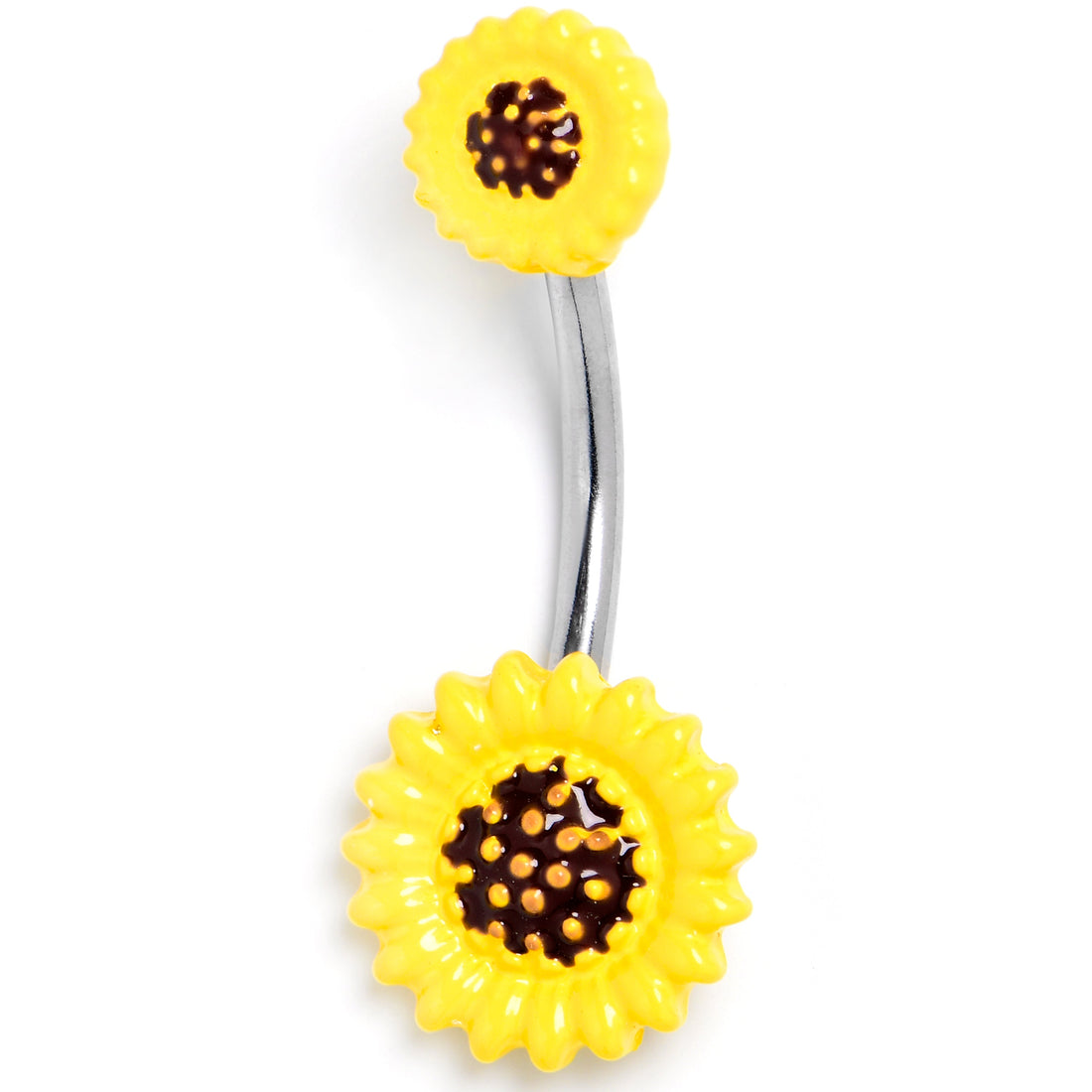 A close-up view of a yellow sunflower themed double mount belly button ring with a stainless steel curved barbell.