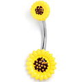 A close-up view of a yellow sunflower themed double mount belly button ring with a stainless steel curved barbell.