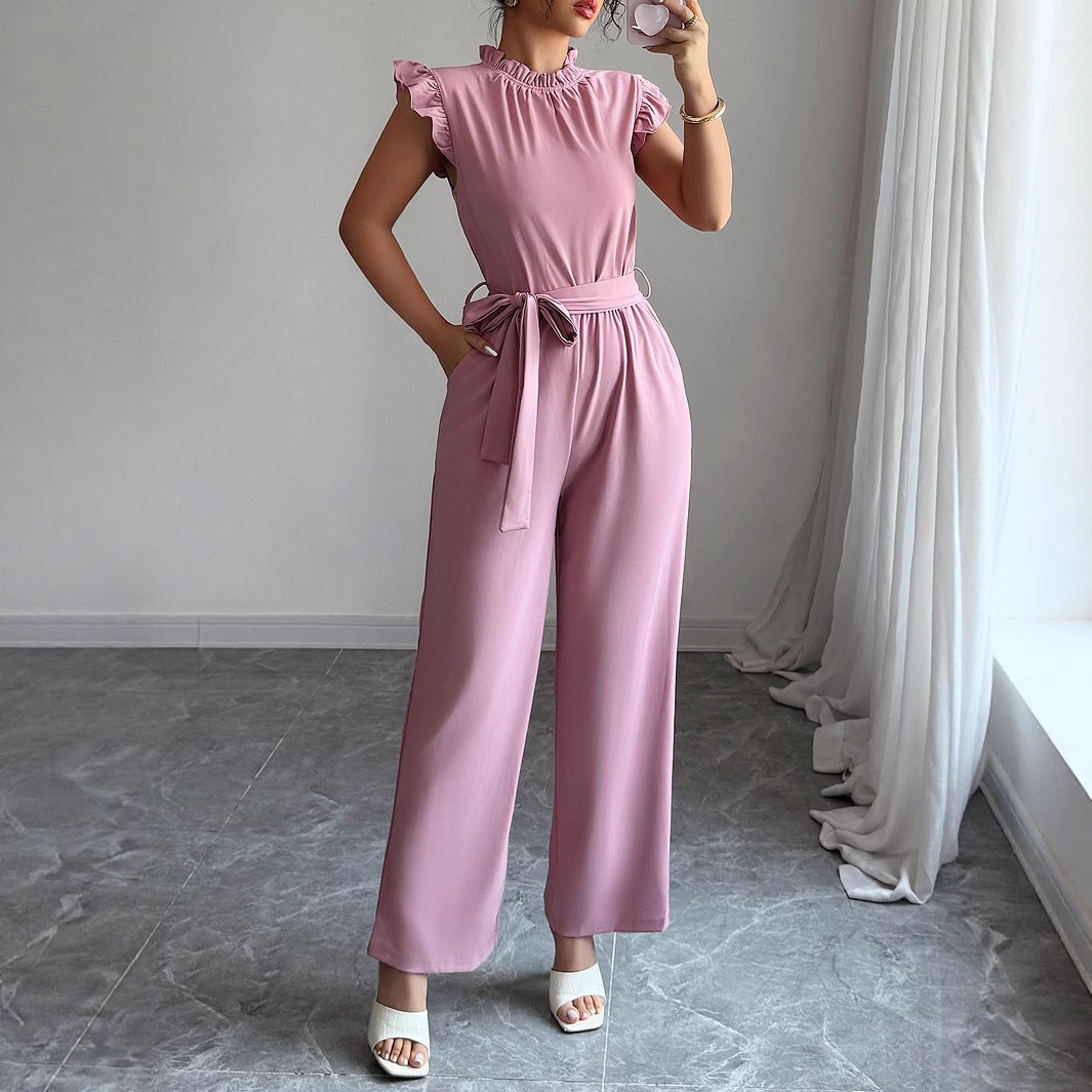 Simple Ruffled Short Sleeve Corset Jumpsuit Olive Dusty Pink
