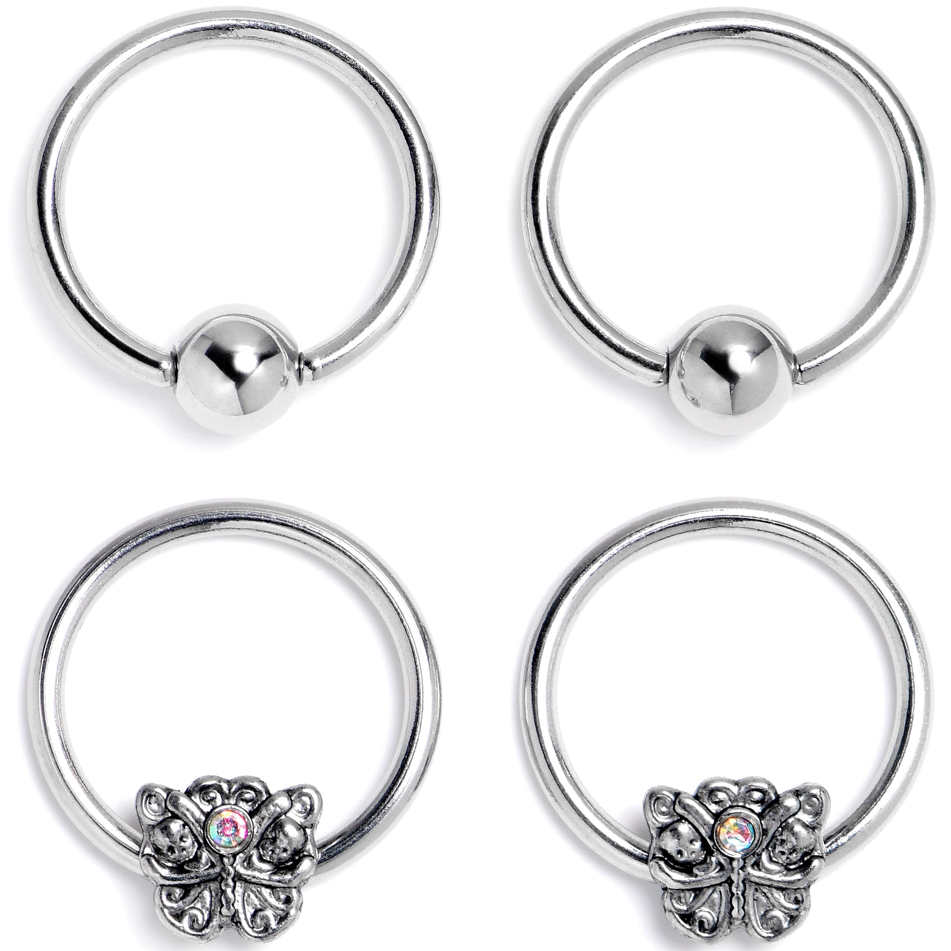 16G 3/8 Aurora Gem Butterfly Ornate BCR Captive Ring Set of 4