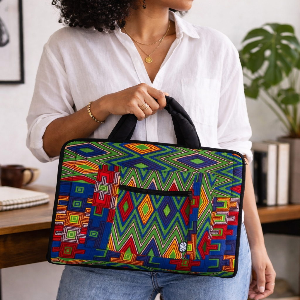 Artisan Ugandan Cotton Laptop Bag - Vibrant Geometric Print