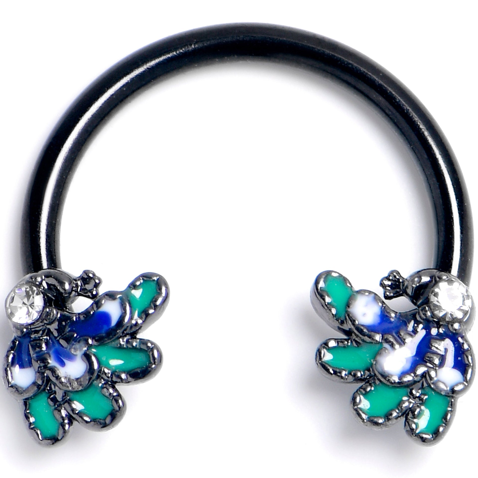 16G 3/8 Clear Gem Black Peacock Green Horseshoe Circular Barbell