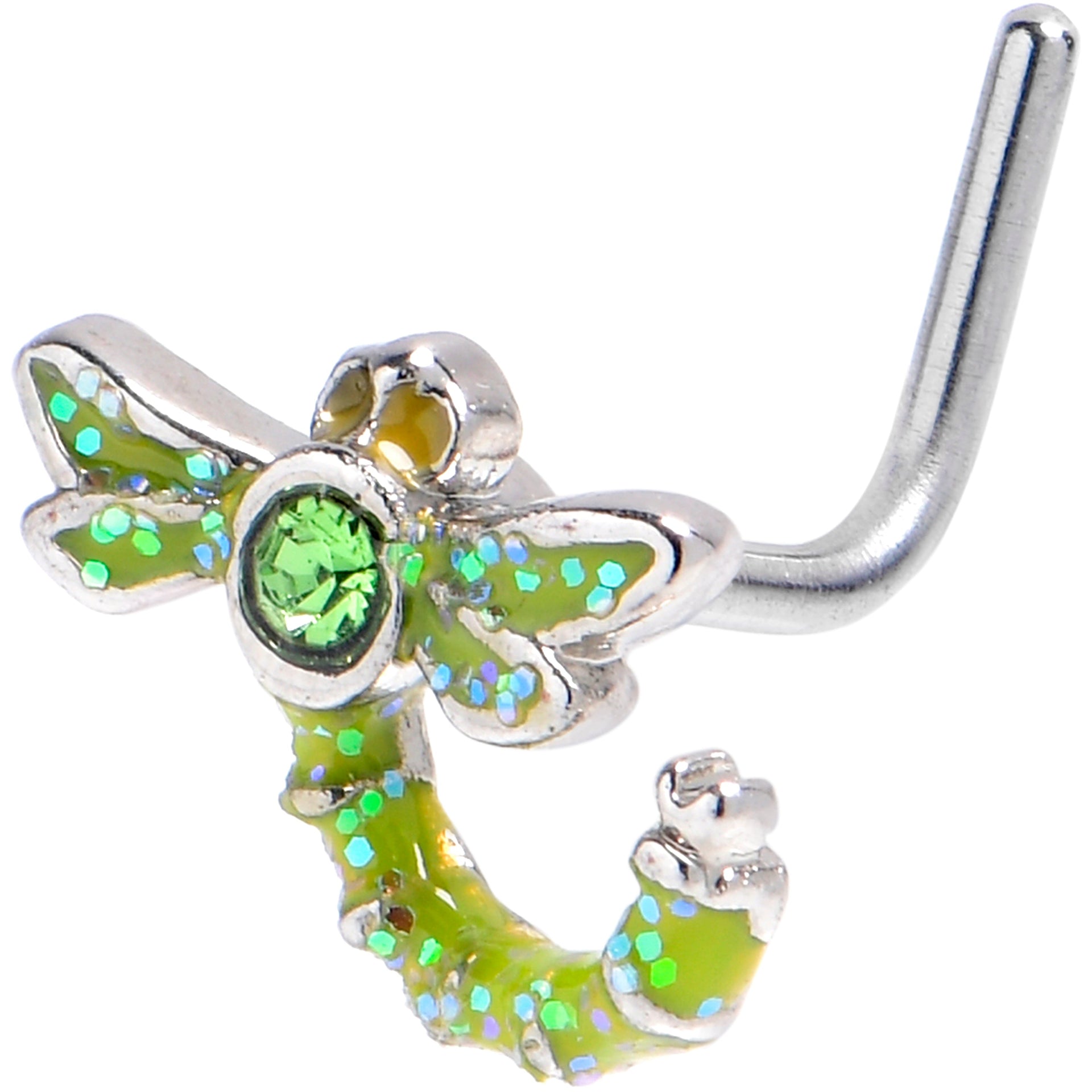 20G 7mm Green Gem Glitter Dragonfly L Shape Nose Ring