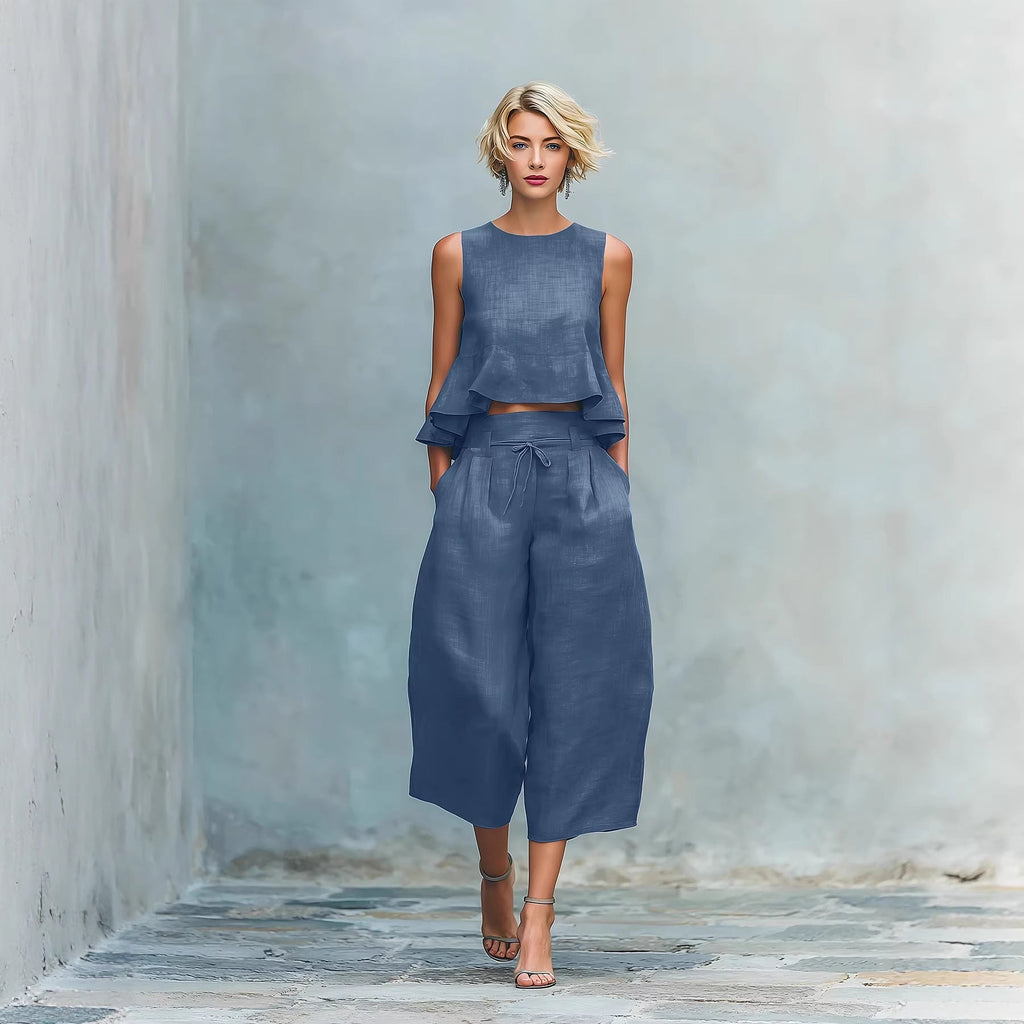Women's Linen-Blend Sleeveless Ruffled Top and Cropped Pant Set