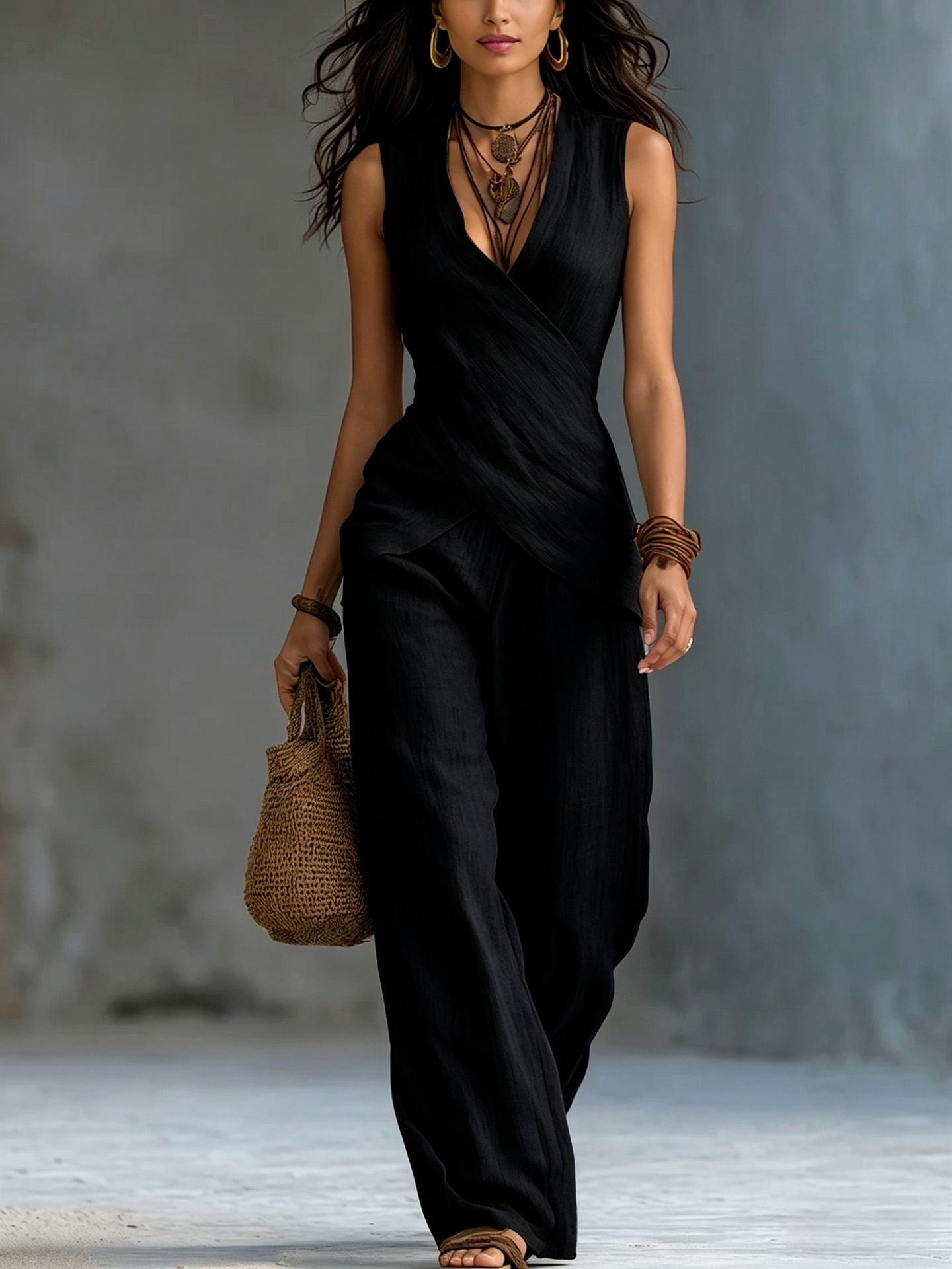 Women's Linen V-Neck Crossover Tank & Casual Trousers Set