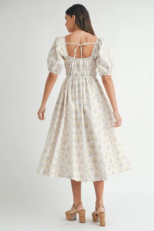Floral Drawstring Puff Sleeve Midi Dress in White, Yellow, Blue