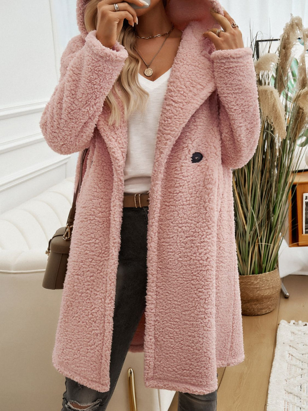 Women's Long Sleeve Hooded Teddy Coat with Button Closure - Image 11