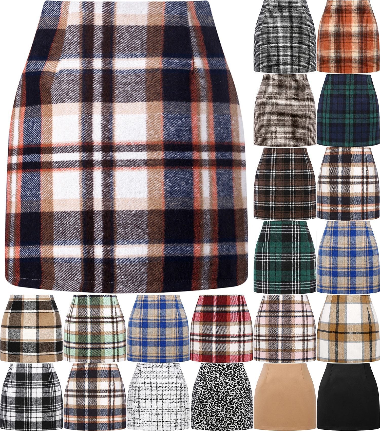 High waisted plaid pencil skirt in multiple color options and patterns.