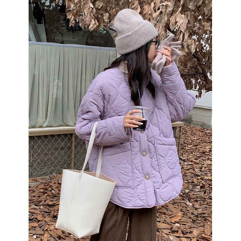Women's Quilted Loose Single-Breasted Baseball Coat - Lilac & Cream - Image 3