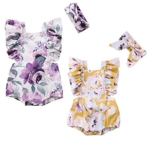 Girls' Floral Outfit with Back Tie and Headband Set