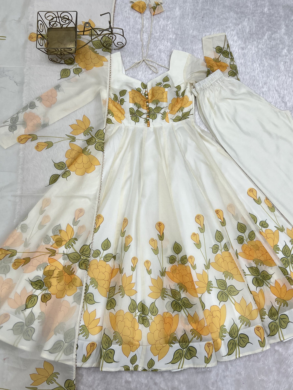 Offwhite Organza Silk Floral Print Anarkali Gown with Dupatta
