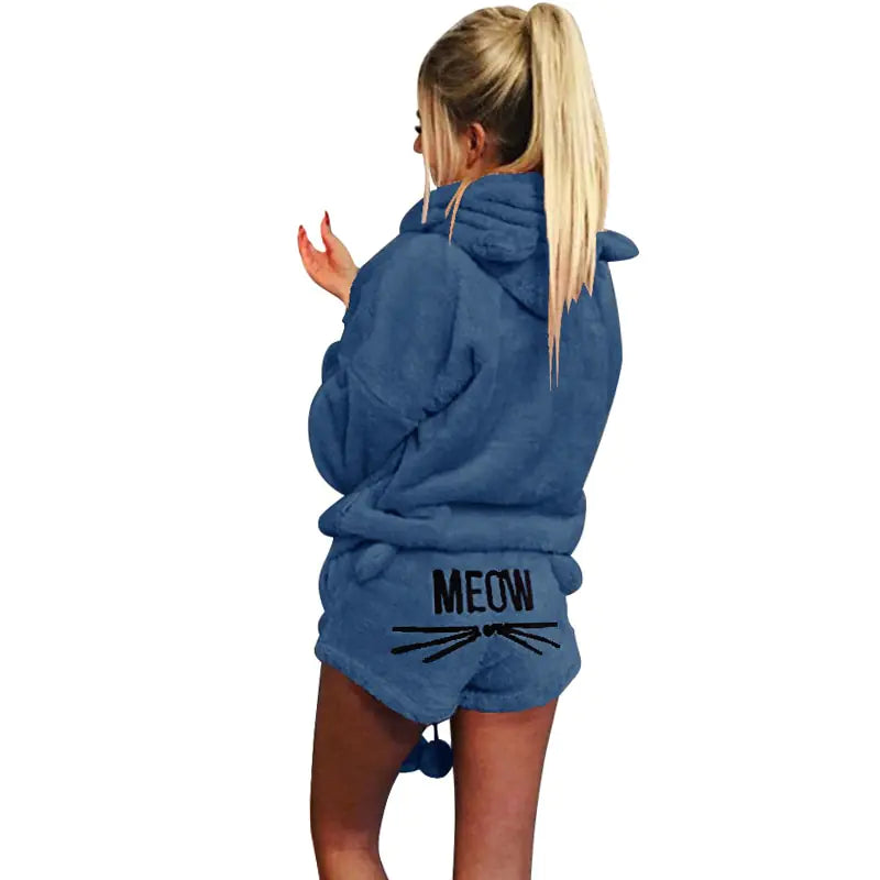 Meow Plush Hoodie Pajama Short Set