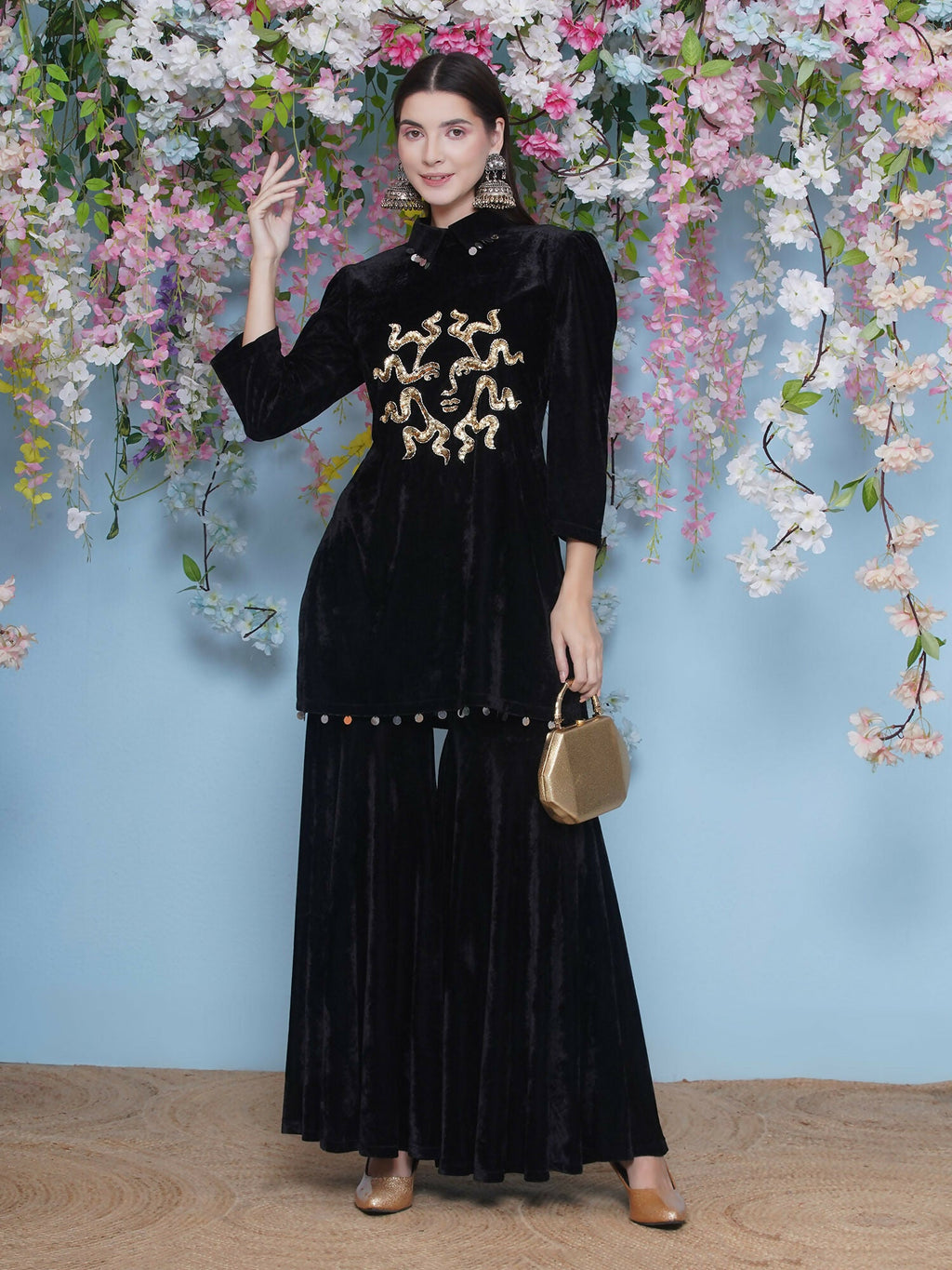 Black Velvet Sharara Set with Maroon Accents