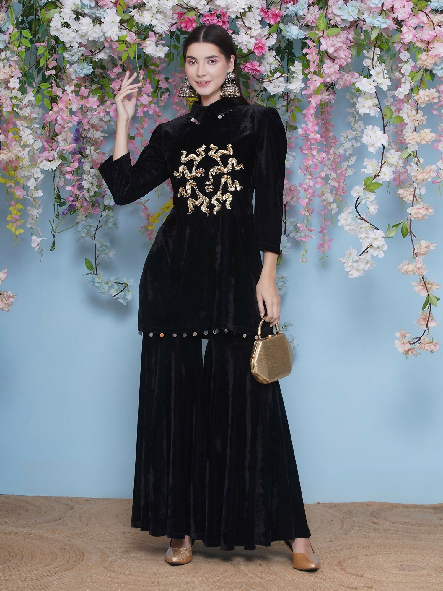 Black Velvet Sharara Set with Maroon Accents