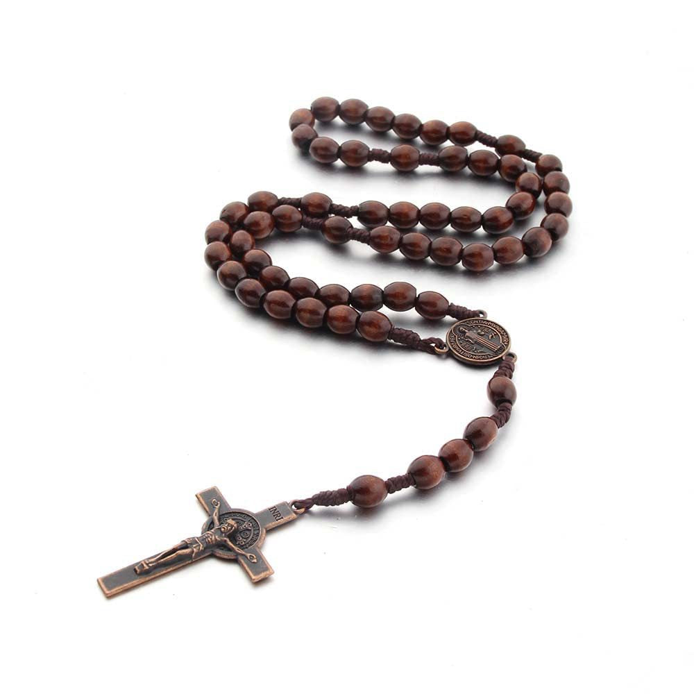 Rosary Necklace With Cross Wooden Beads Braided Cord Jewelry