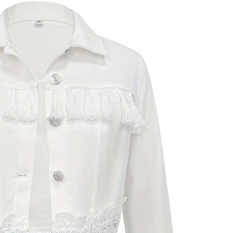 Women's White Lace Hollow Out Jacket with Fringe Detail