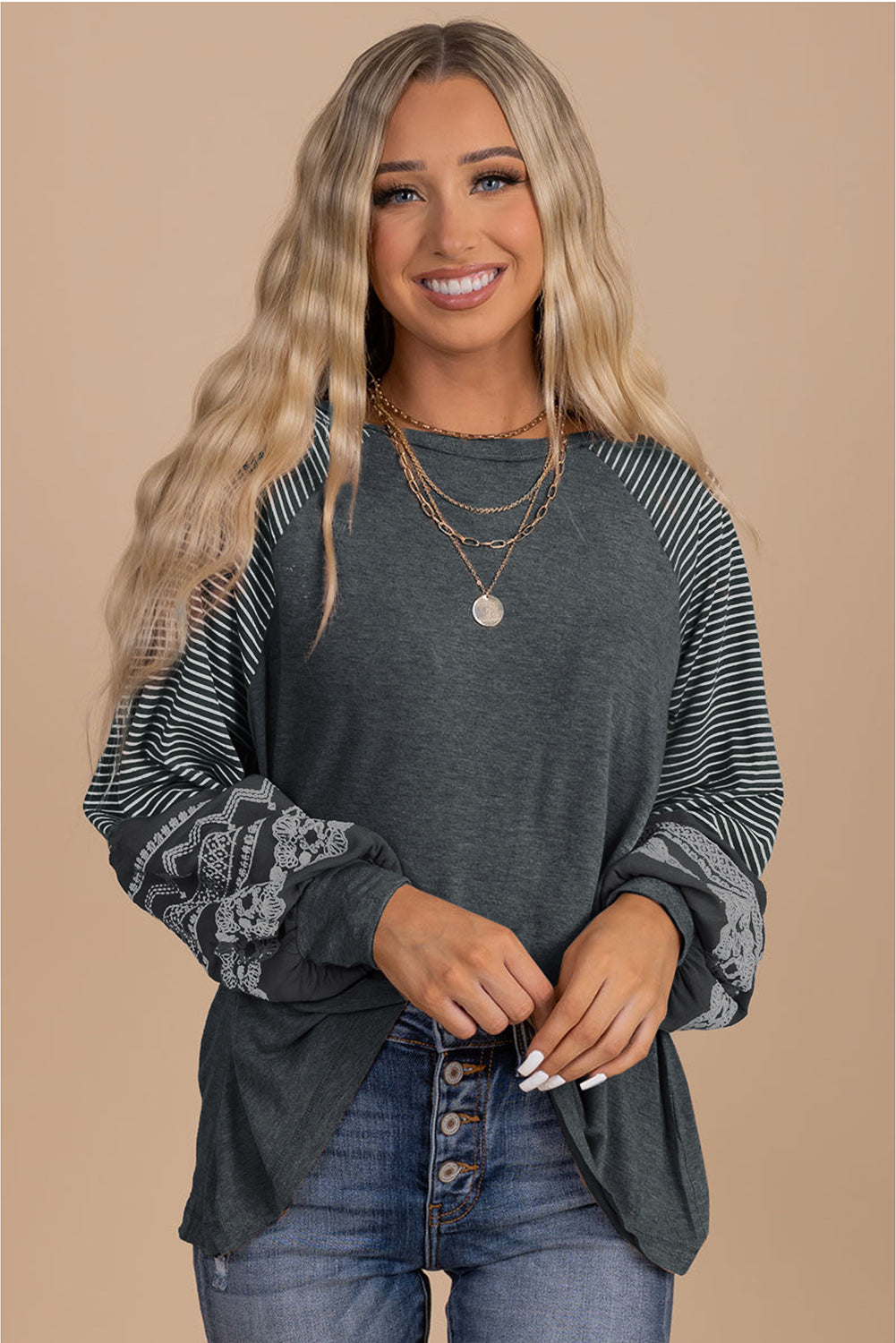 Tillandsia Purple Contrast Print Striped Raglan Long Sleeve Loose Top