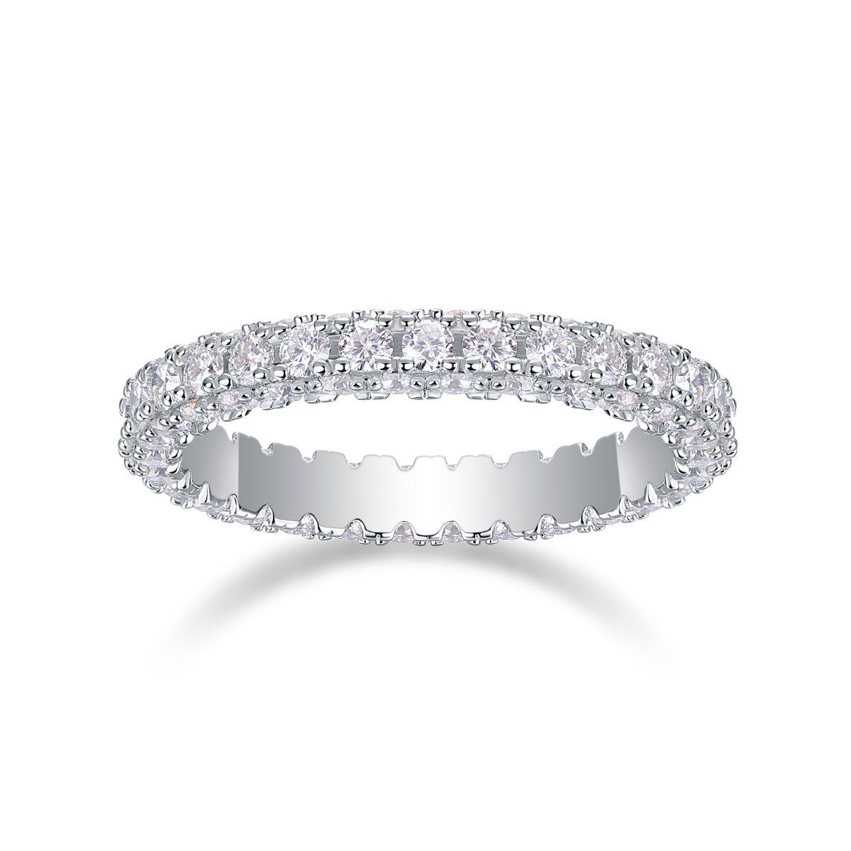 S925 Silver 2.2g Platinum Plated Moissanite Ring, 3.4mm 87pcs D VVS1 Pave Band, GRA Certified US 5-9
