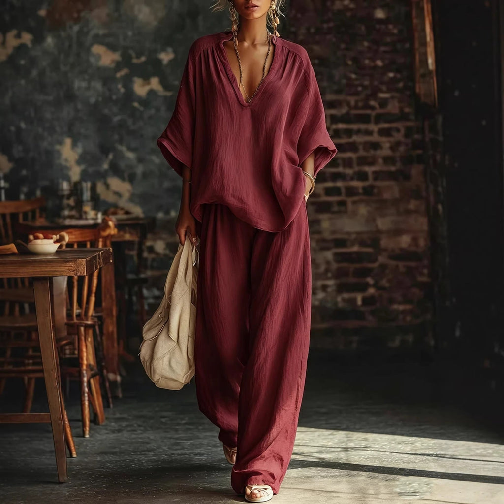 V-Neck Short Sleeve Top and Wide Leg Pants Two-Piece Set - Image 4