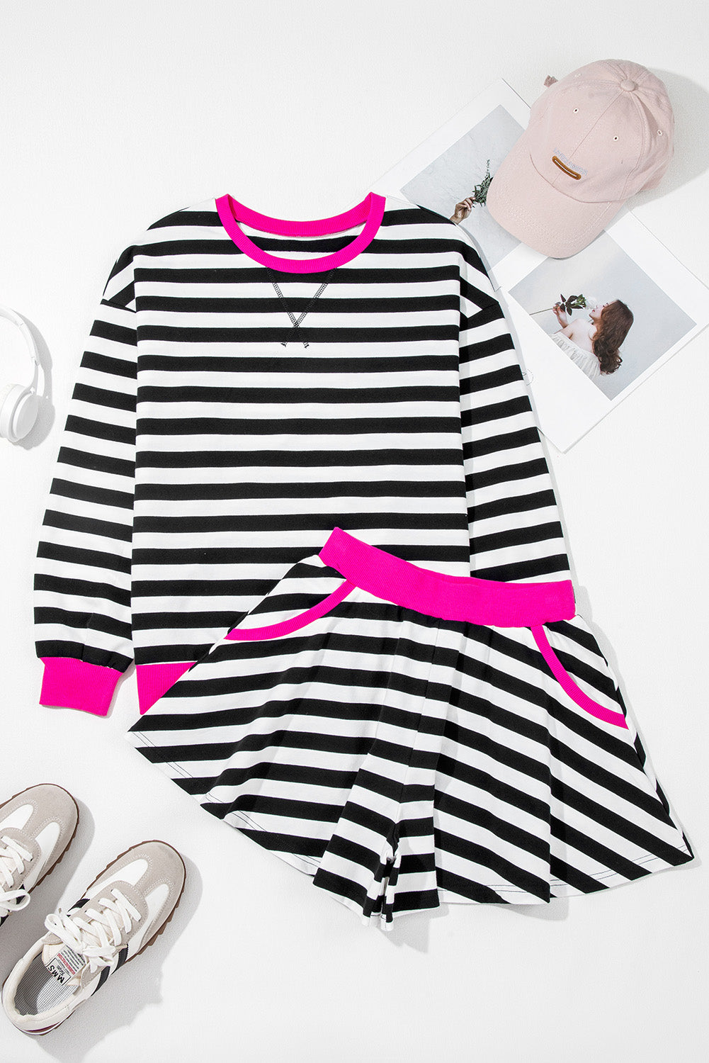 Stripe Contrast Ribbed Top and Shorts Set