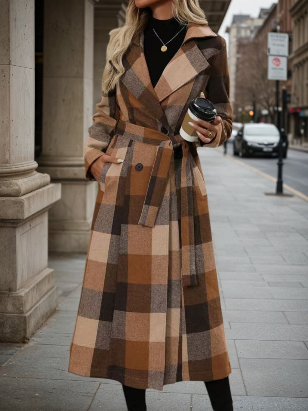 Women’s Lapel Woolen Double-Breasted Long Coat with Lace-Up Detail