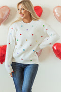 White Waffle Knit Sweater with Multi-Color Sequin Heart Accents