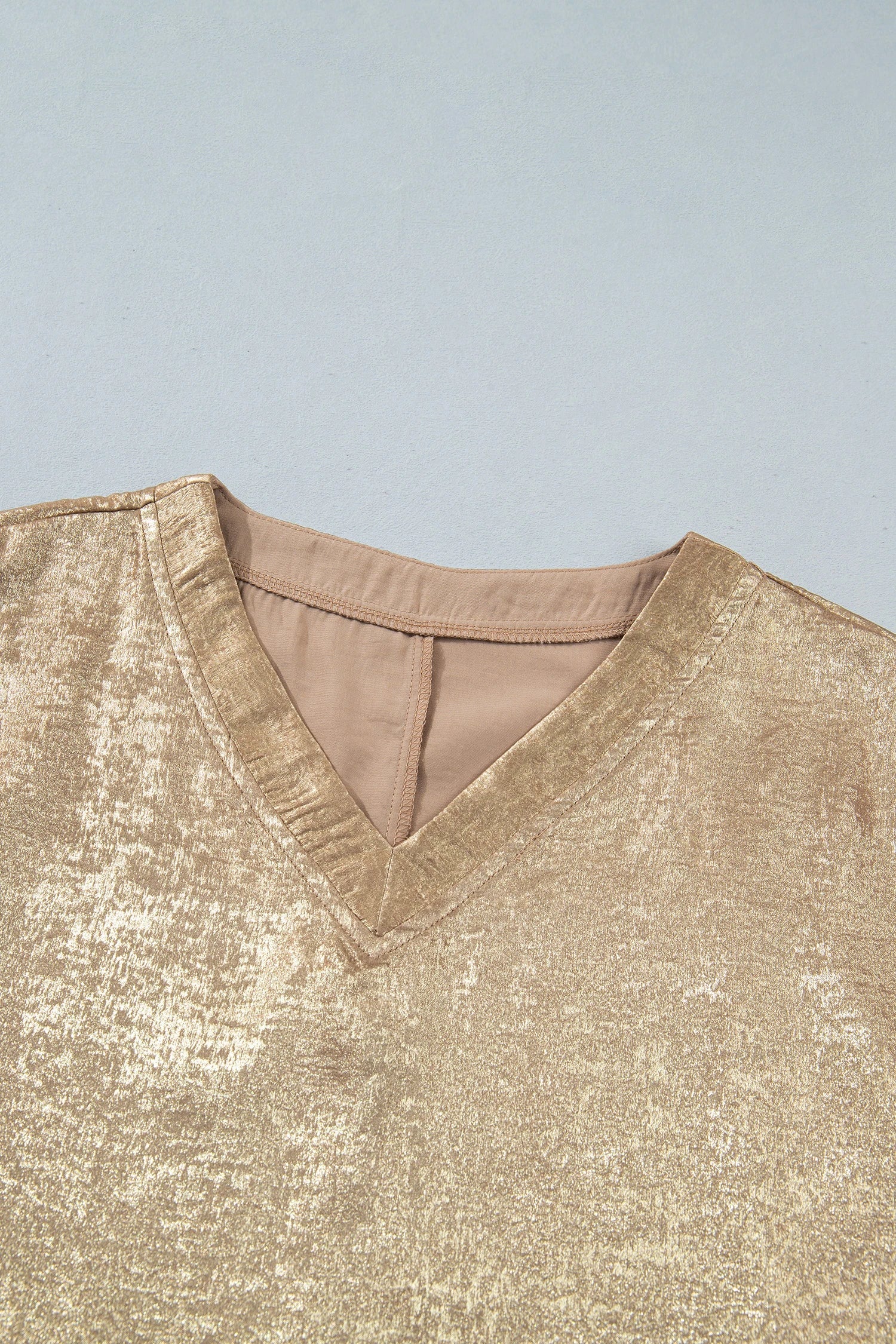 Metallic V-Neck Button Cuff Dolman Sleeve Blouse