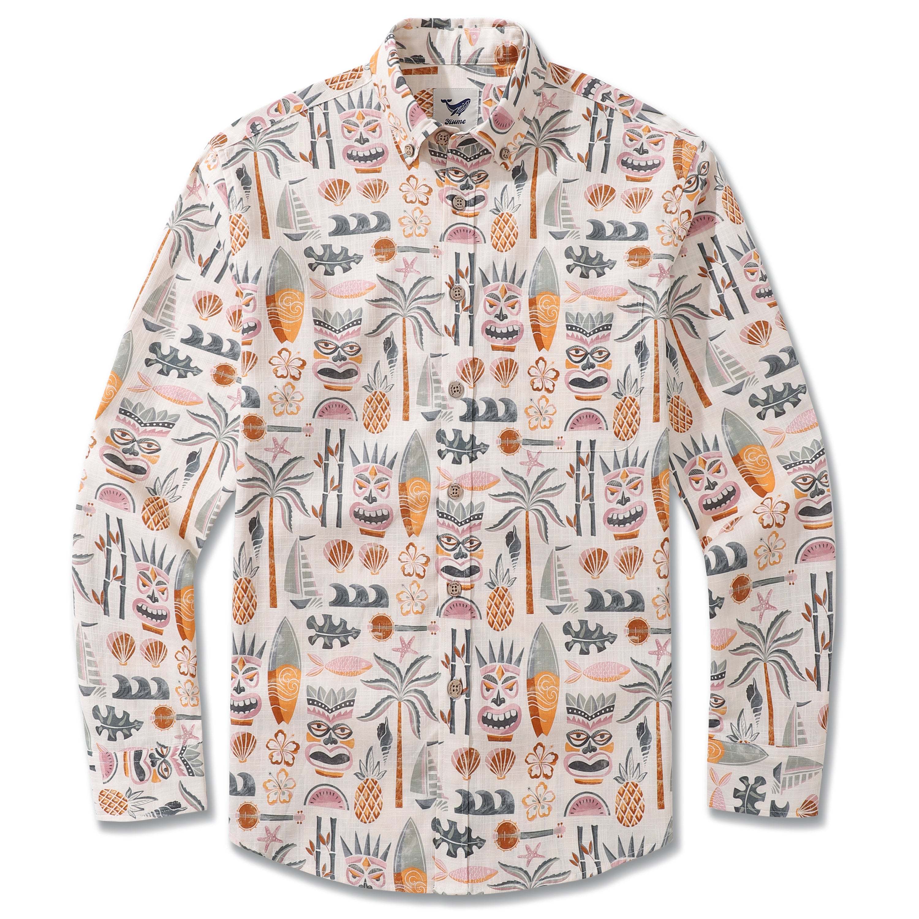 Long Sleeve Hawaiian Shirt For Men Tiki Beach By House of Haricot Cotton Button-down Aloha Shirt