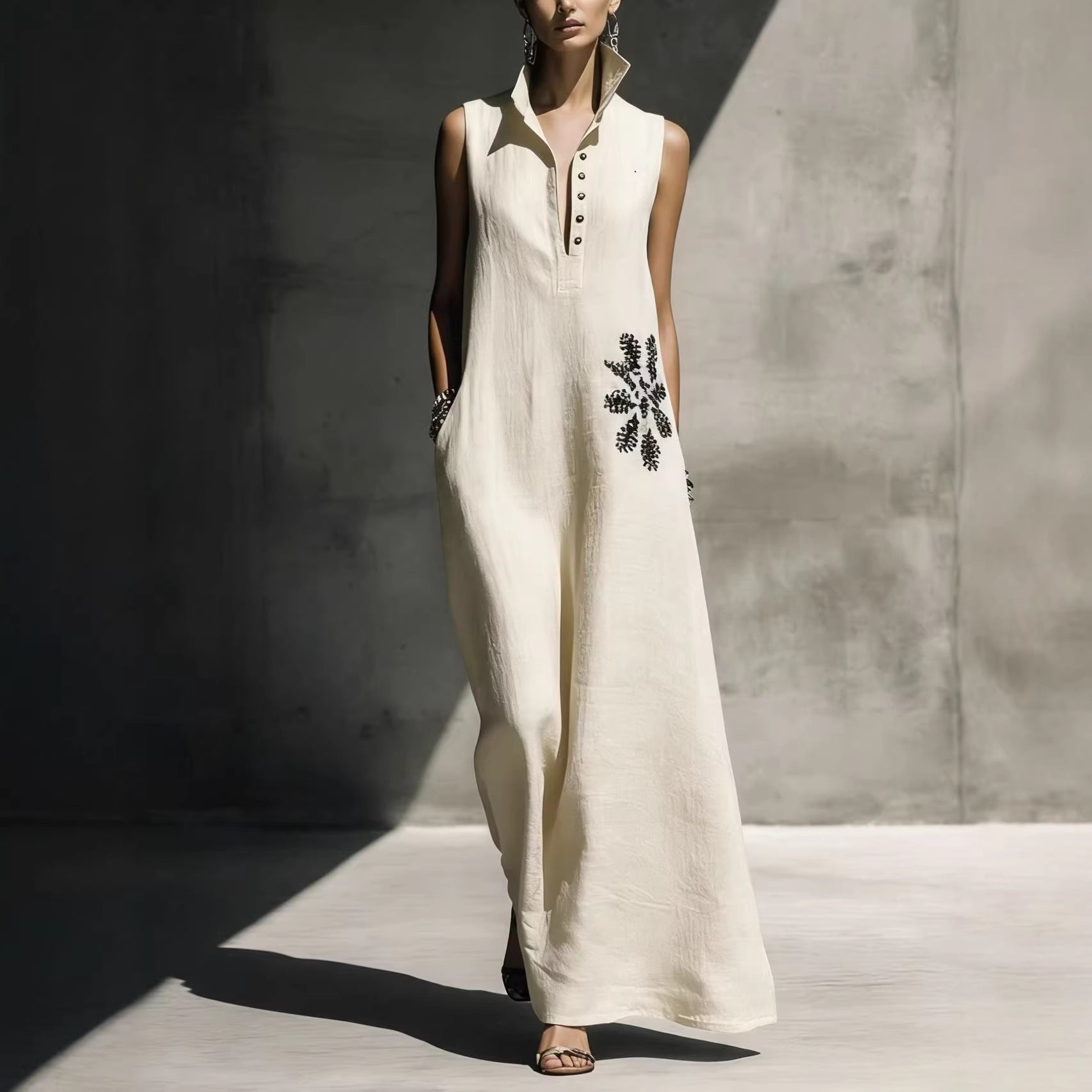 Women's Cotton Linen Mandarin Collar Graphic Print Maxi Dress - Image 3
