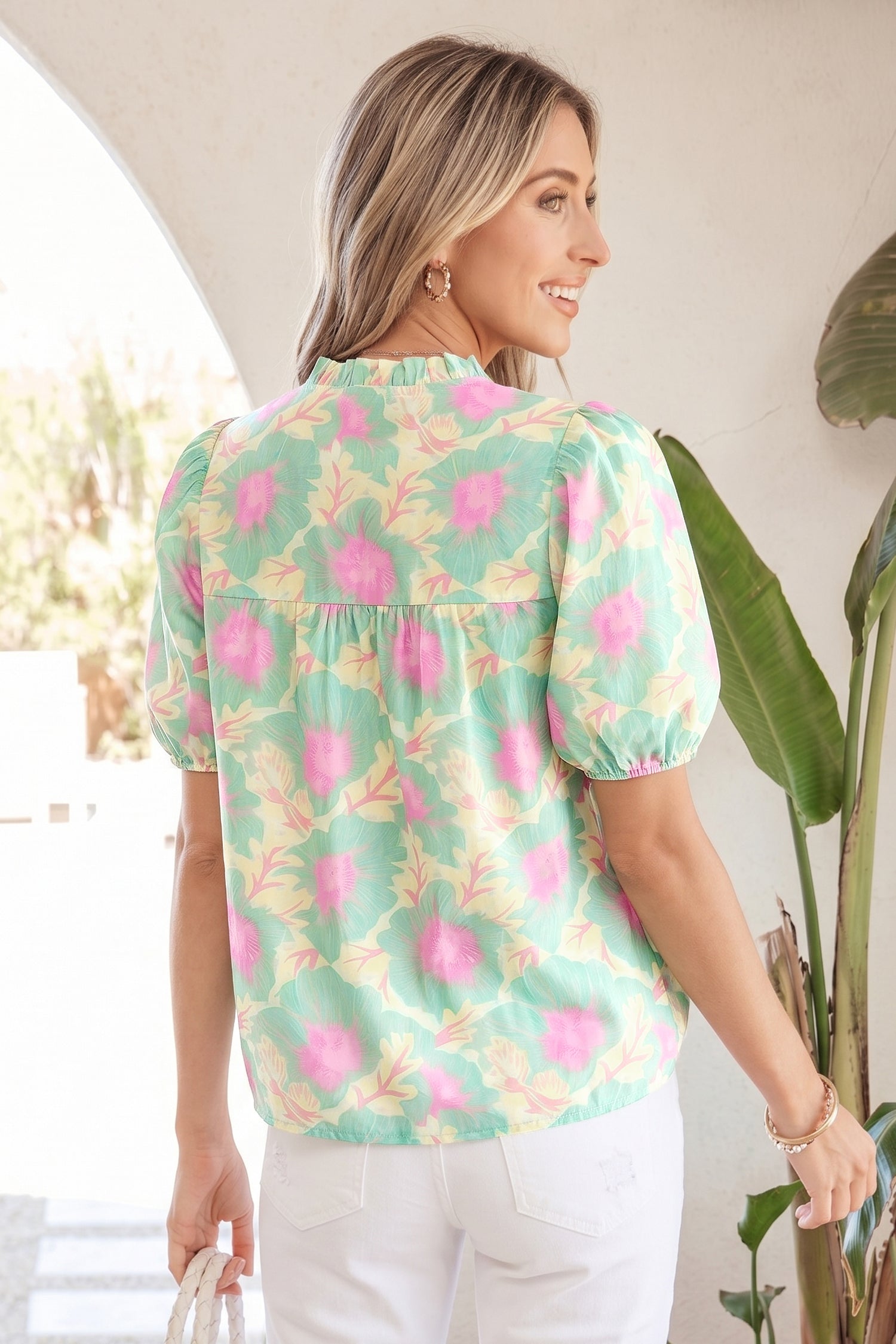 Yellow Floral Short Bubble Sleeve Summer Blouse