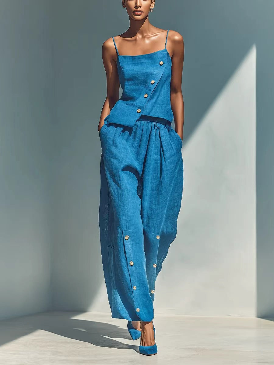 Women's Asymmetrical Button Camisole and Wide Leg Pant Set - Image 7