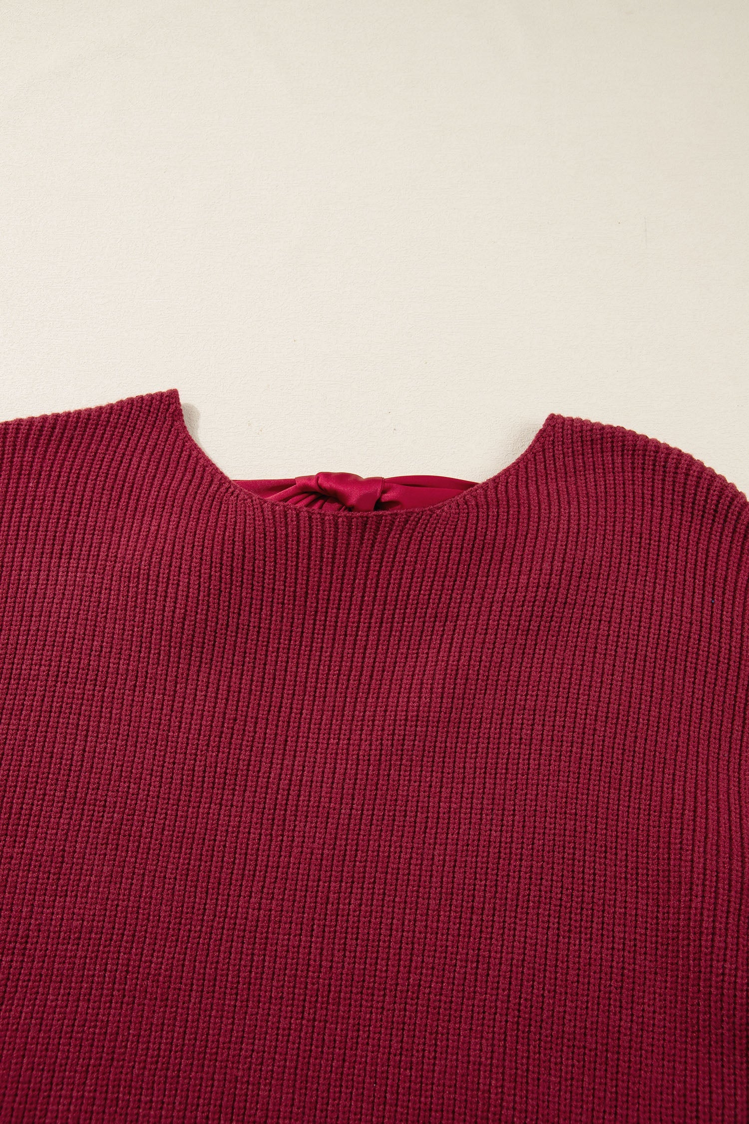 Jet Stream Ribbed Knit Ribbon Knot Backless Drop Shoulder Sweater