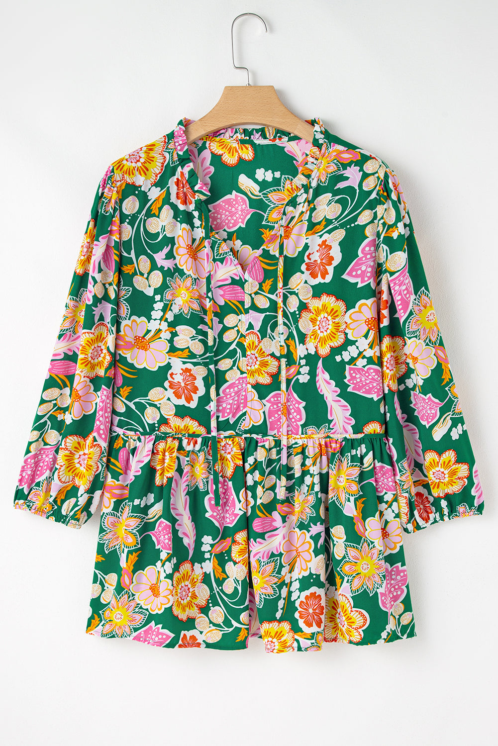 Plus Size Floral Long Sleeve V-Neck Babydoll Top