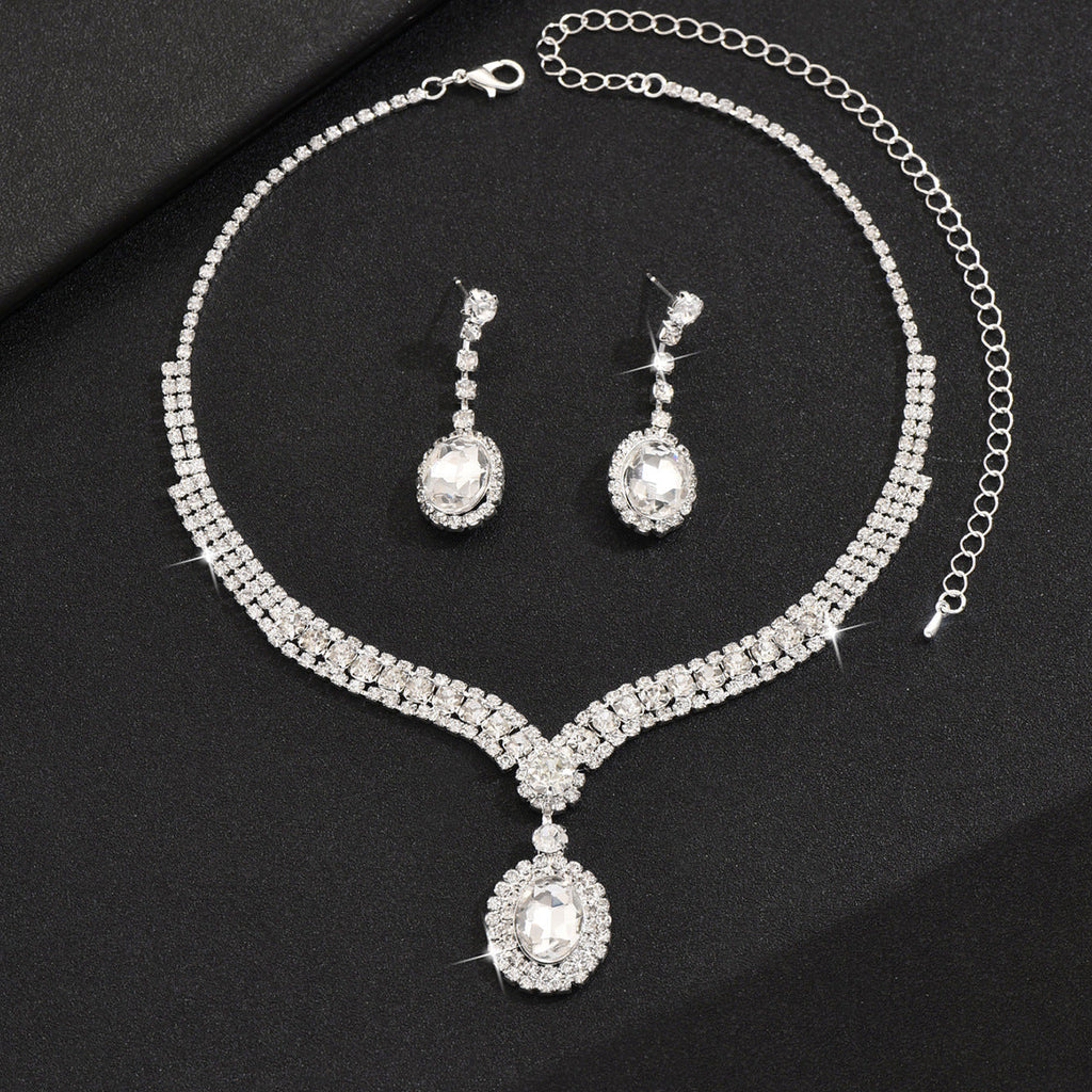 Cross-Border Dropshipping New Exquisite Claw Chain Rhinestone Earrings Necklace Set Elegant Round Water Drop Full Diamond Clavicle Jewelry