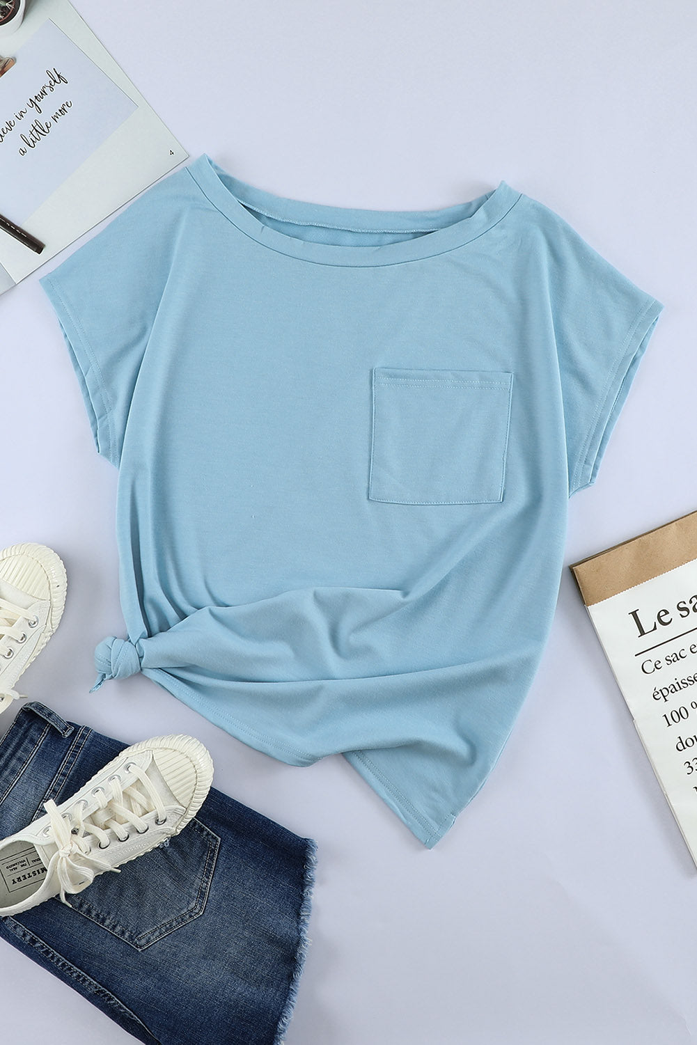 Light Blue Solid Short Sleeve T-Shirt with Patch Pocket