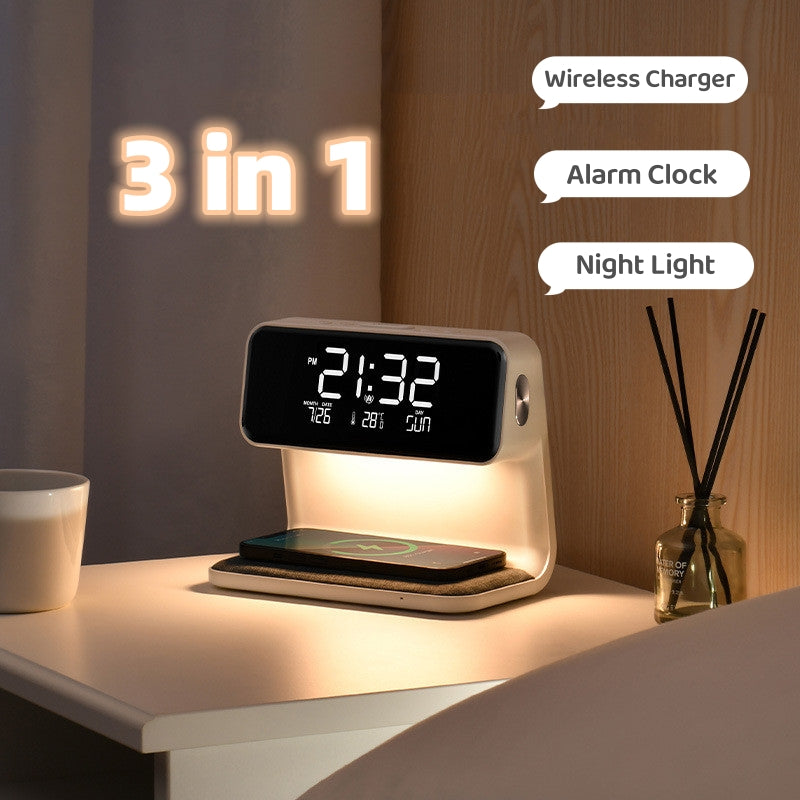 A 3-in-1 minimalist white and grey bedside lamp with a wireless charging base and LCD alarm clock display.