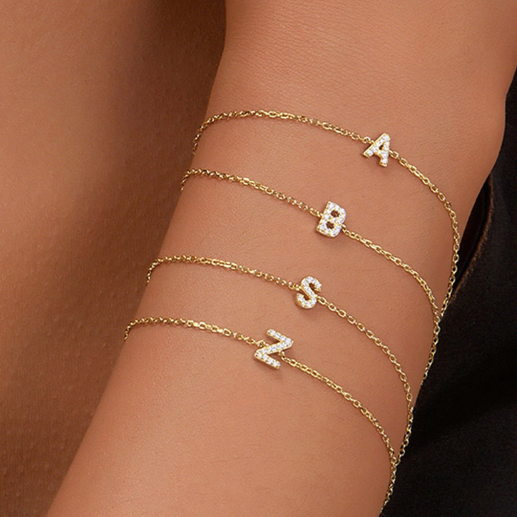 Gold-Plated Minimalist Letter Bracelet with Cubic Zirconia