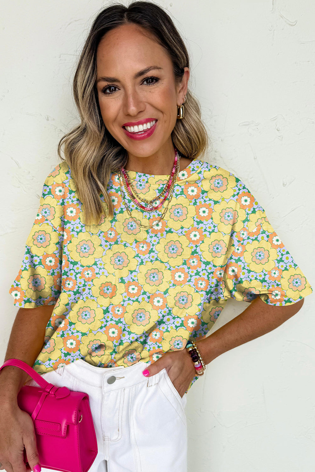 Yellow Flower Print Drop Shoulder Loose T Shirt | Summer Boho Tee
