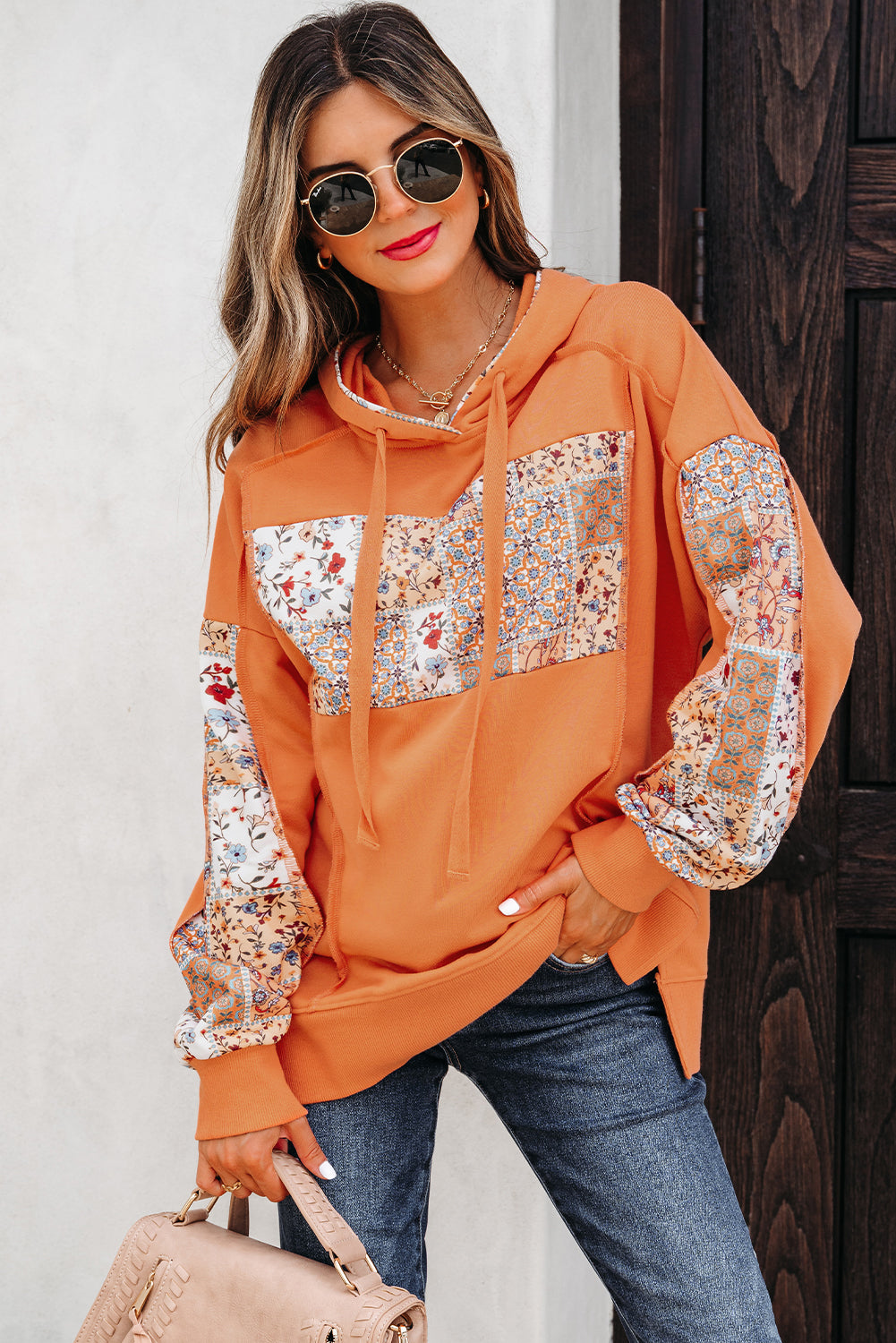 Women's Floral Patchwork Side Slit Drawstring Hoodie, Boho Knit Top