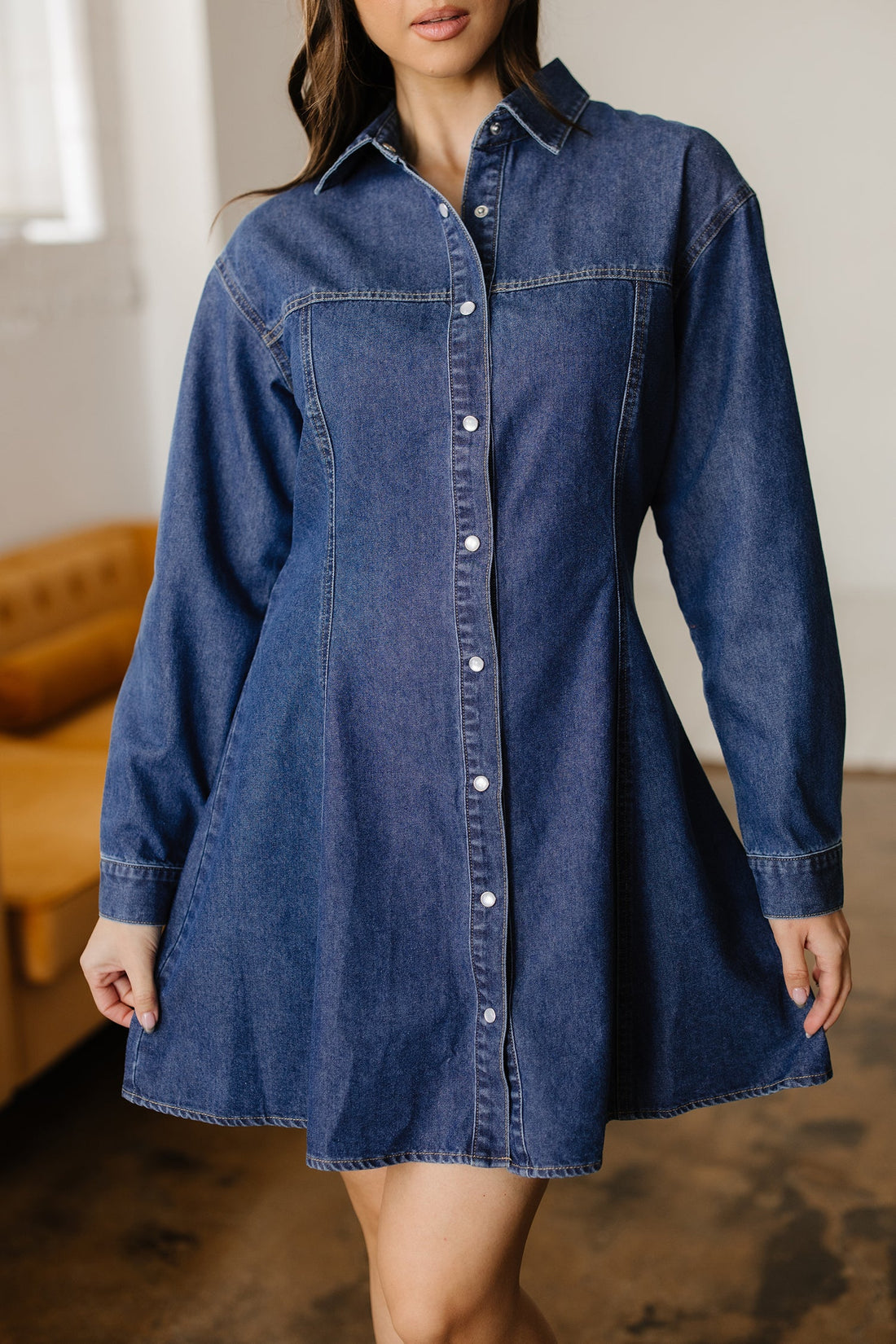 Zoe Long Sleeve Denim Flared Mini Dress in Classic Blue - Image 5