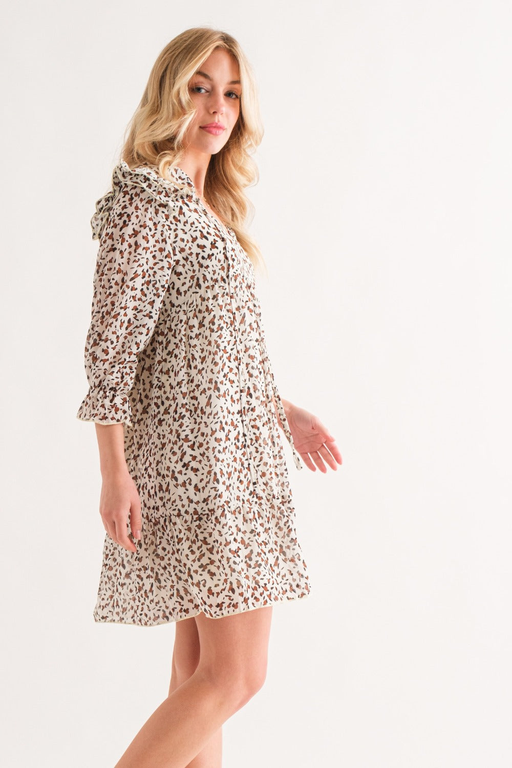 Leopard Ruffle Hem Woven Mini Dress in White and Brown